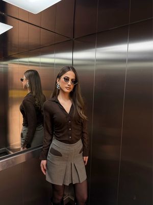 Checkerd Brown Detailed Mini-skirt