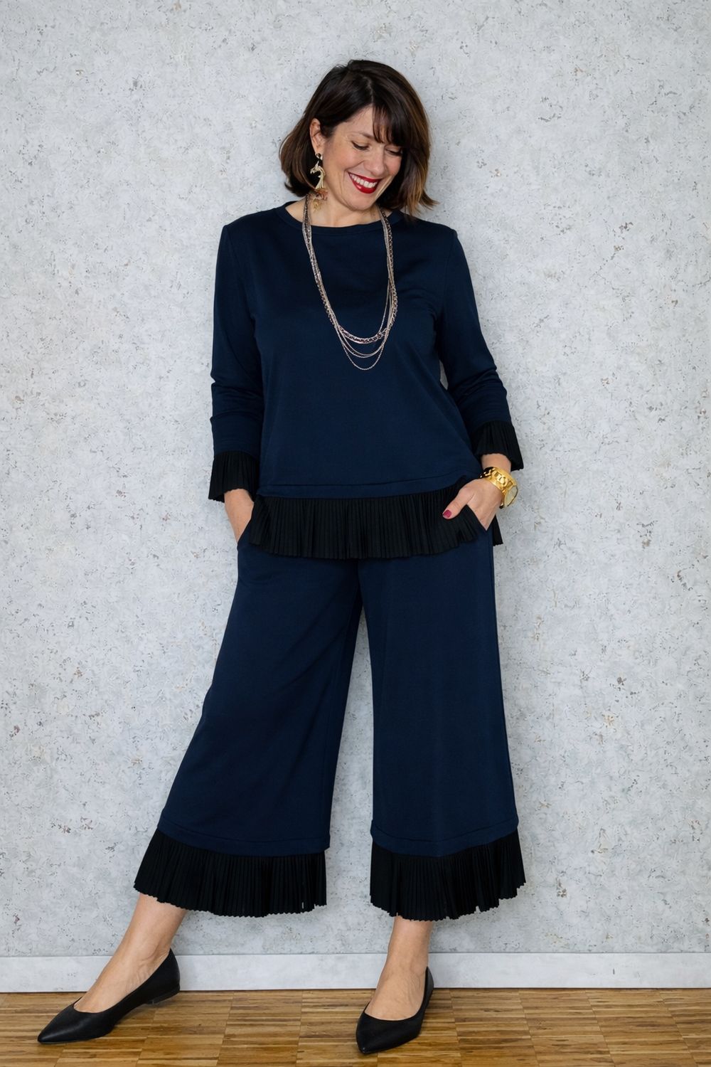 Completo plissè blu notte