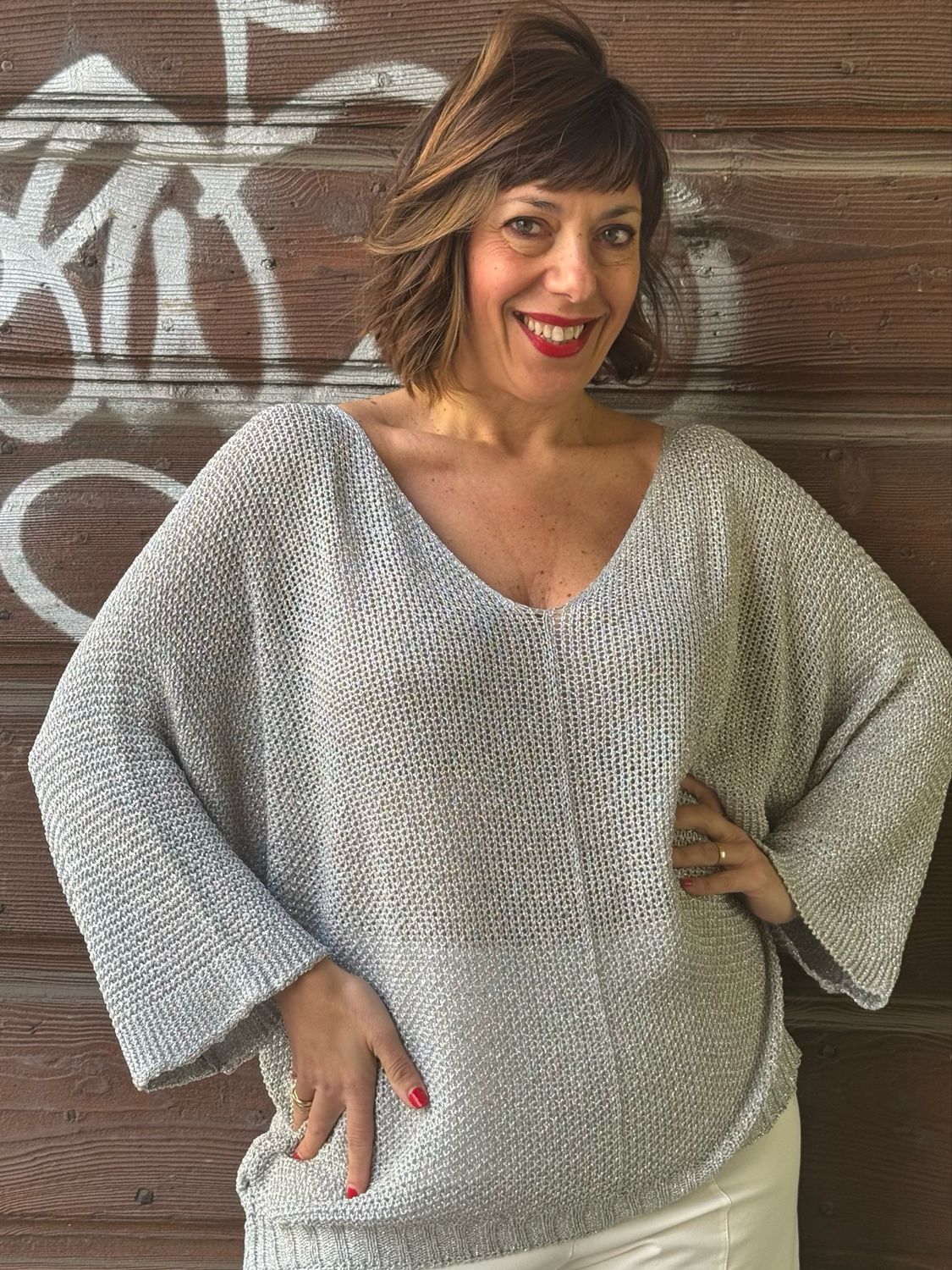 Maglia scollo a V argento