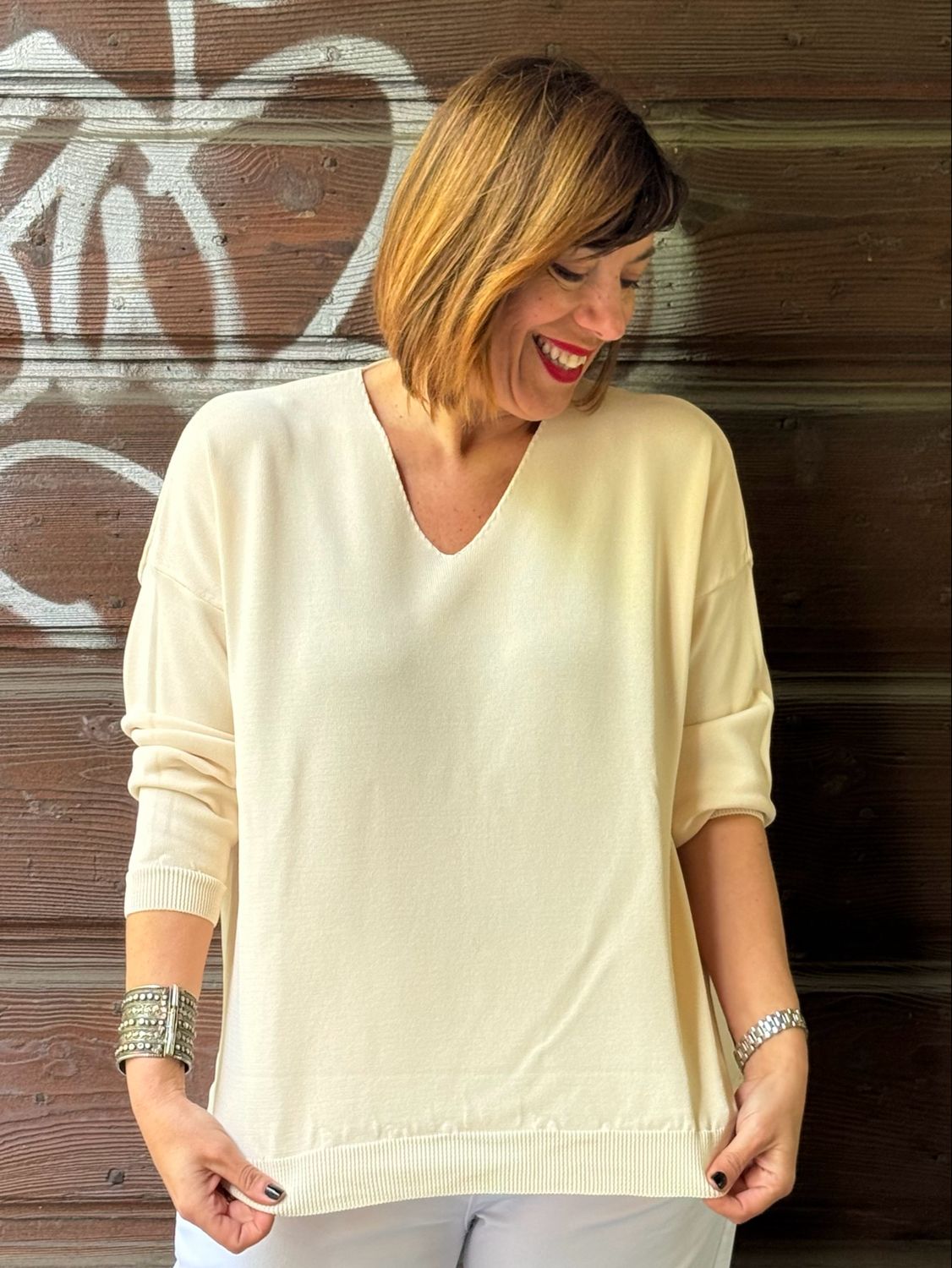 Maglioncino scollo V panna