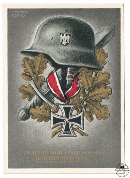 Propaganda Postcard 1940 Germany Helmet, Iron Cross and Weapon
