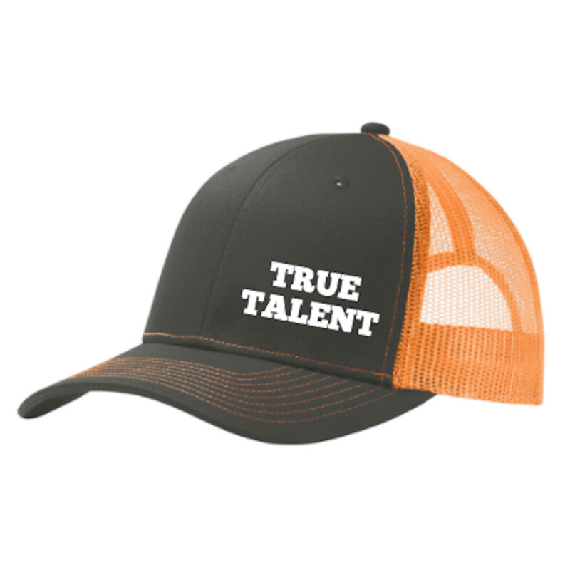 Black/Orange Trucker Hat with True Talent &#39;Words&#39; Logo