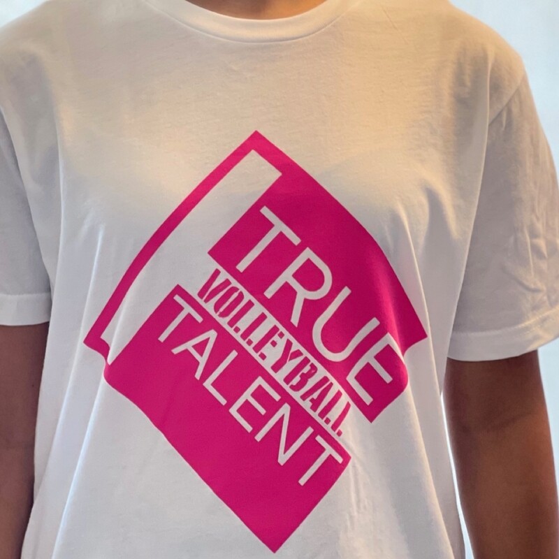 Volleyball Next Level Tee Shirt, White with Pink Logo