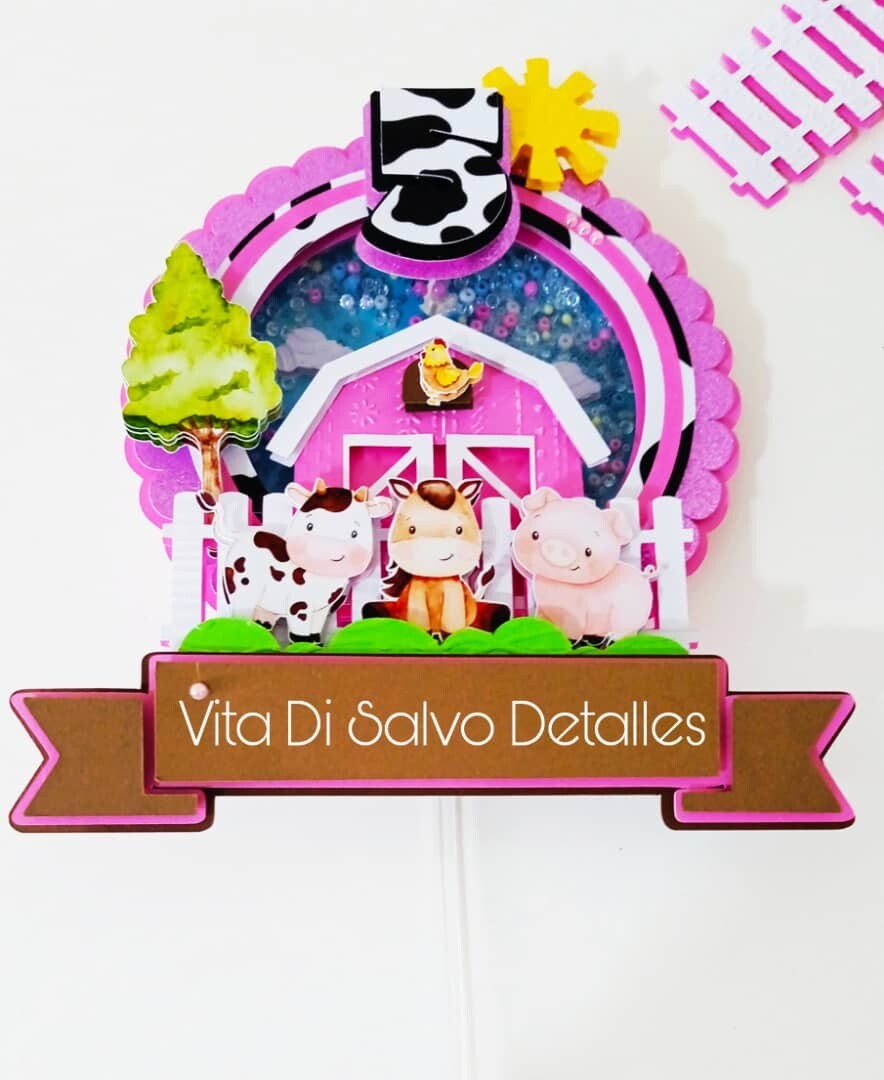 Set cake topper con iluminación y cotillones tematica animalitos tiernos de la granja