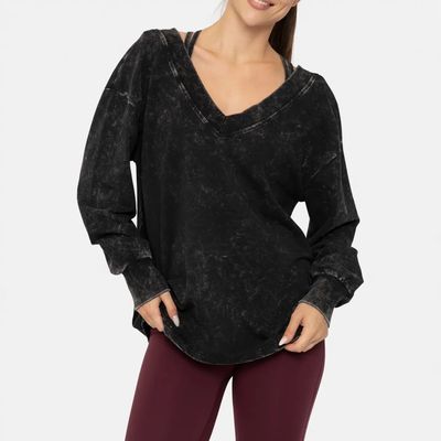 Mono B Mineral Wash Cotton Blend Deep V- Neck Long Sleeve