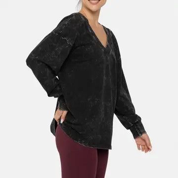 Mono B Mineral Wash Cotton Blend Deep V- Neck Long Sleeve