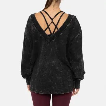Mono B Mineral Wash Cotton Blend Deep V- Neck Long Sleeve