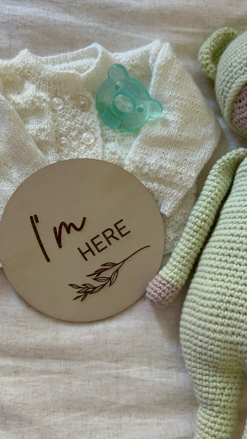 I'm here wooden Birth announcement