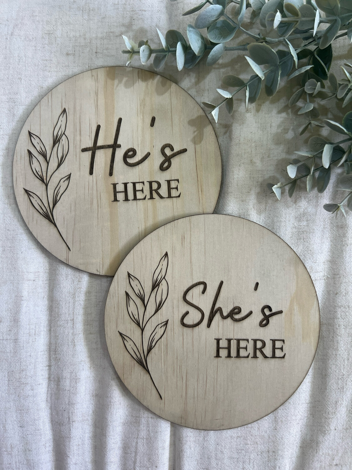 She’s/He's Here Wooden Birth announcement Duo