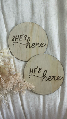 She's Here Wooden Birth announcement