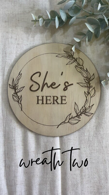 She's Here Wooden Birth announcement
