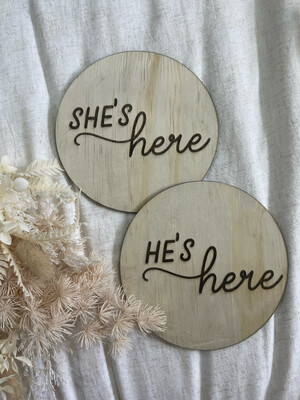 She’s/He's Here Wooden Birth announcement Duo