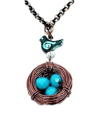 Long Copper Bird and Nest Necklace
