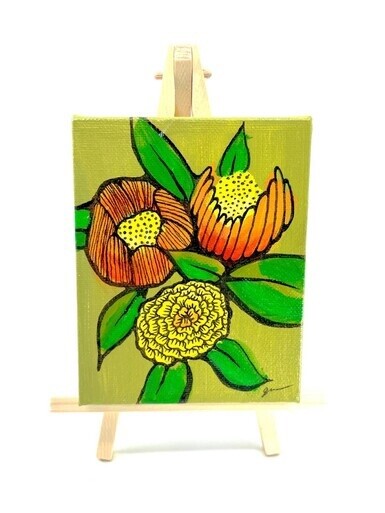 Mini Painting and Easel - Orange & Yellow Tropical Trio on Green - 4