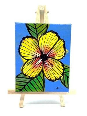 Mini Painting and Easel - Yellow Five Petal Flower on Deep Blue - 4