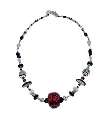 Clear, Black & Silver Beaded Necklace with Red Rounded Cube Focal Bead