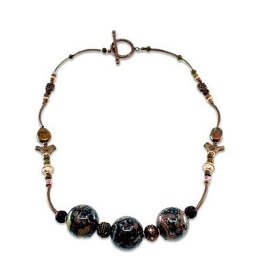 Brown & Antiqued Brass Bead Necklace with Three Focal Spheres