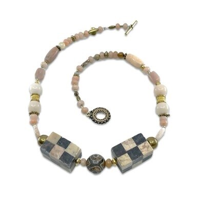 Peach Glass, Stone & Brass Bead Necklace with Two Focal Rectangular Soapstone Beads