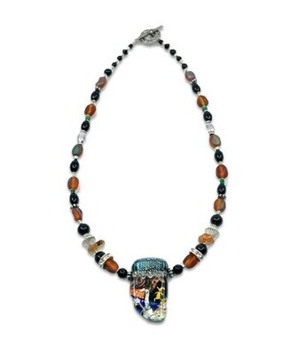 Orange, Silver & Black Beaded Necklace with Fused Glass Focal Pendant
