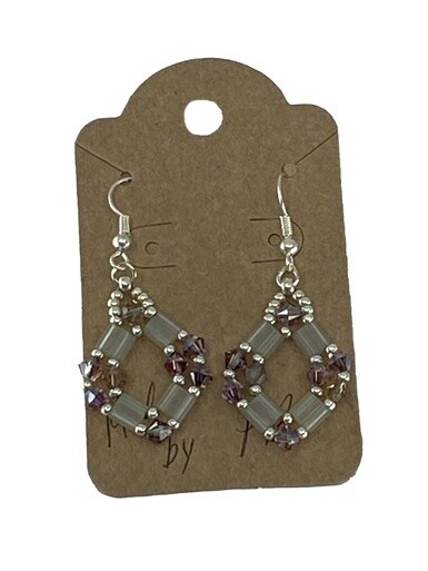 Silver & Pale Purple Diamond-Shaped Beaded Earrings