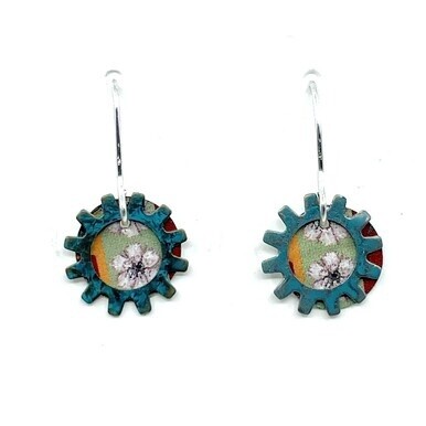 Small Tin Earrings with White Flower in Center of Teal Gear