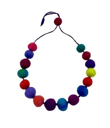 Felted Fine Merino Wool Small Bead Necklace In Rainbow Jeweltones