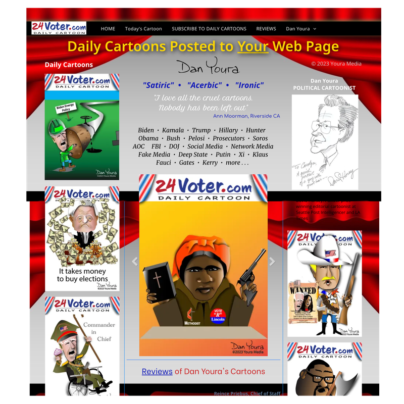 Syndication of Youra Daily Cartoons posted on Your Web Page. $100 per month. Syndication of Youra Daily Cartoons posted on Your Web Page. $100 per month.
