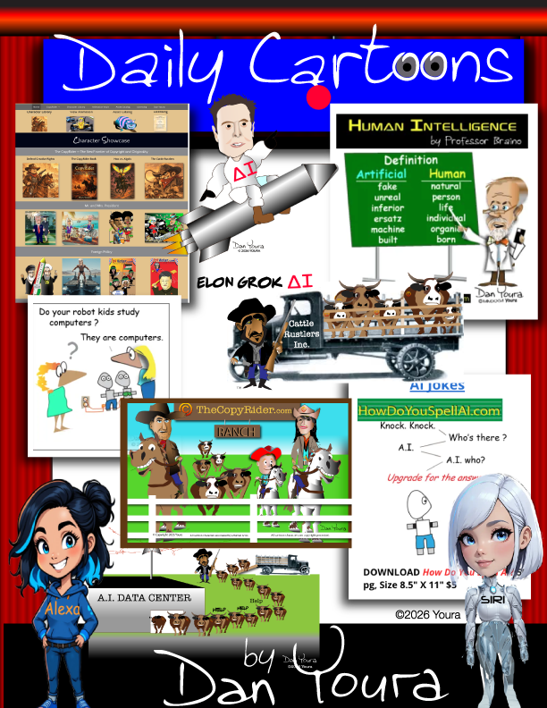 1. Syndication of 1. Syndication of "Daily Cartoons by Youra" posted on Your Media Pages. $99 per month.