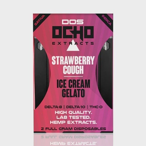 DOS OCHO Tri-Blend Dual (2x1G) Disposables (D8+D10+THCO), Strains: Strawberry Cough (Sativa) & Ice Cream Gelato (Indi