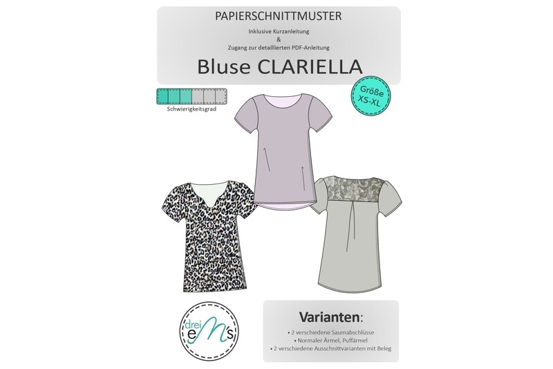 Papierschnittmuster Bluse CLARIELLA Gr. XS-XL Papierschnittmuster Bluse CLARIELLA Gr. XS-XL