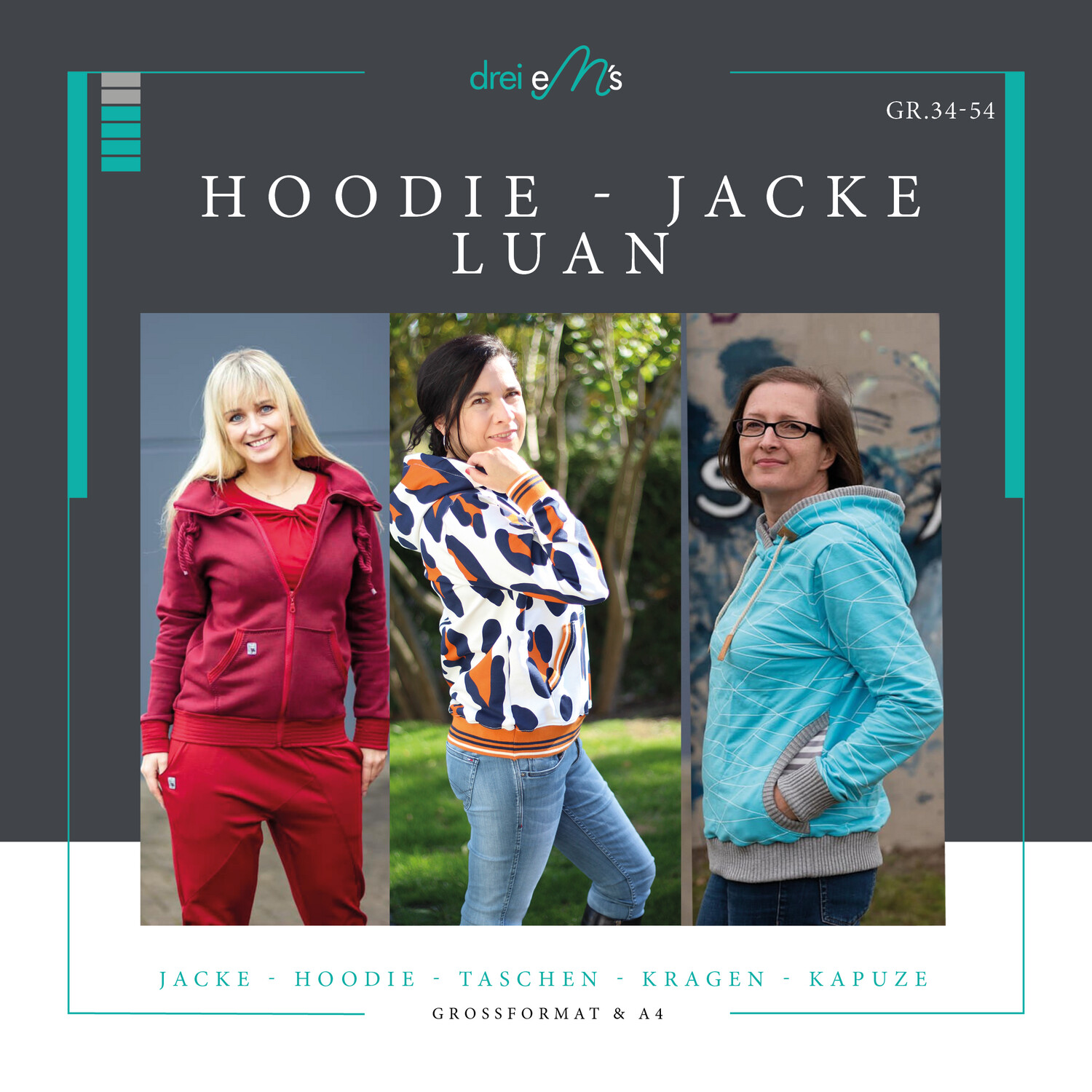 Schnittmuster Sweatjacke Hoodie LUAN Gr. 34-54 Schnittmuster Sweatjacke Hoodie LUAN Gr. 34-54