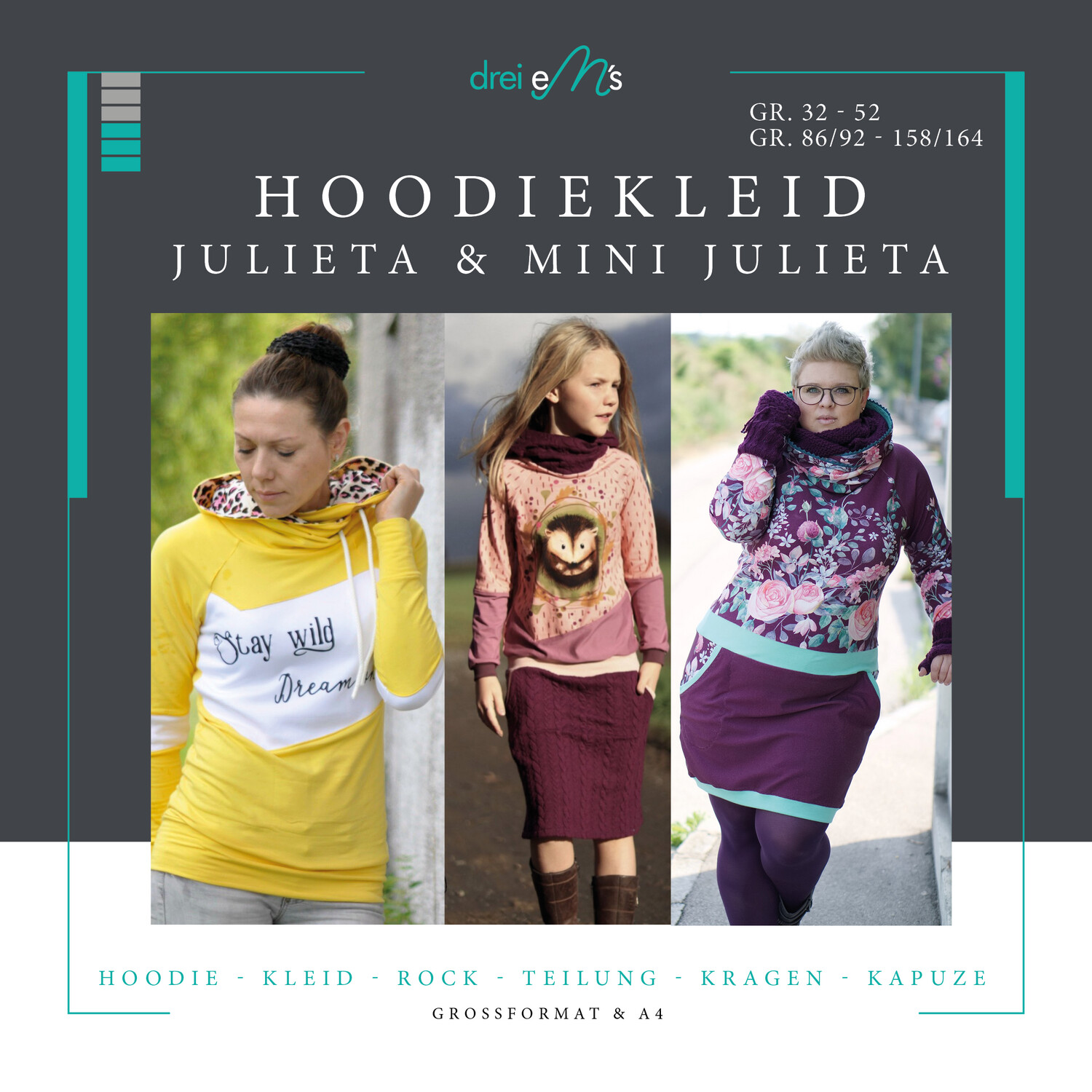 Kombi-Ebook Hoodie/Hoodiekleid JULIETA (inkl. Add on) 34-52 und mini JULIETA 86/92-158/164