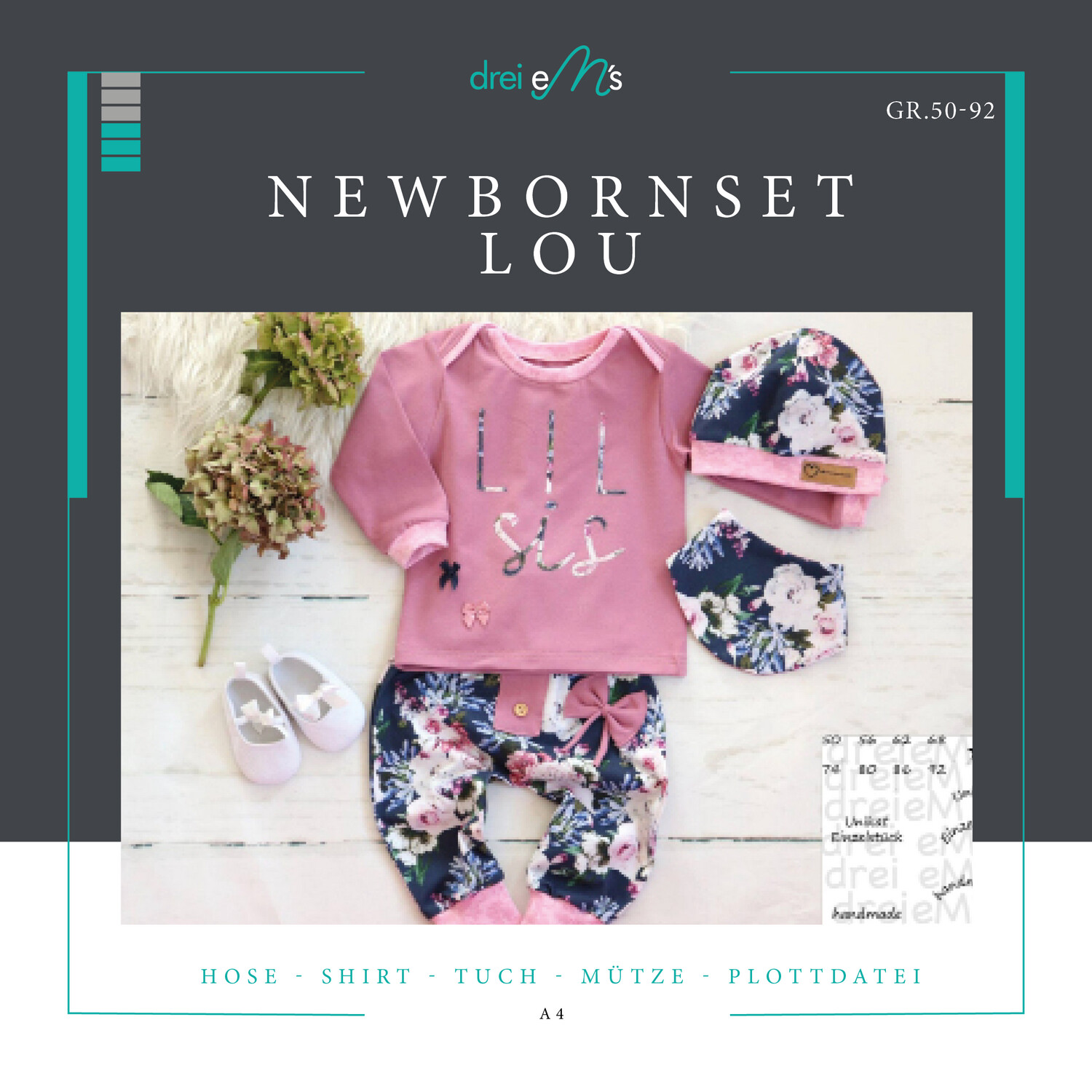 Newborn-Set LOU Hose&amp;Shirt&amp;Tuch&amp;Mütze Gr. 50-92 icl. gratis Plottdatei