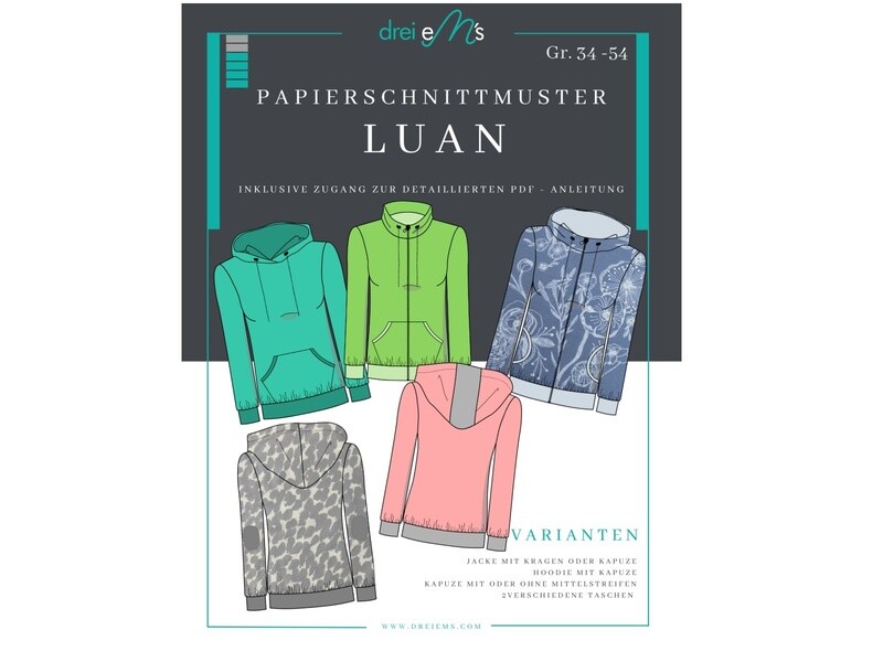 Papierschnittmuster Sweatjacke Hoodie LUAN Gr. 34-54 Papierschnittmuster Sweatjacke Hoodie LUAN Gr. 34-54
