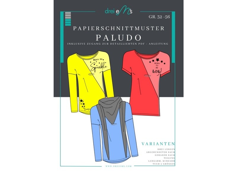 Papierschnittmuster Shirt PALUDO Gr. 32-56 + gratis Plotterdatei + gratis Tuch