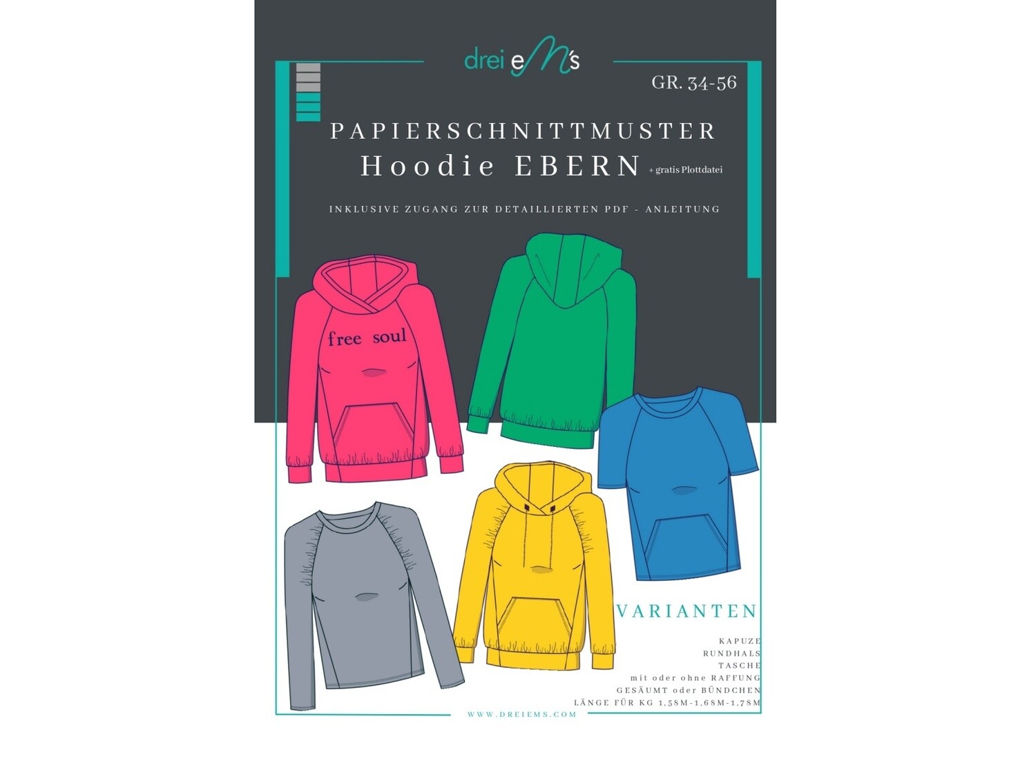 Papierschnittmuster Hoodie EBERN Gr. 34-56 + gratis Plott Papierschnittmuster Hoodie EBERN Gr. 34-56 + gratis Plott