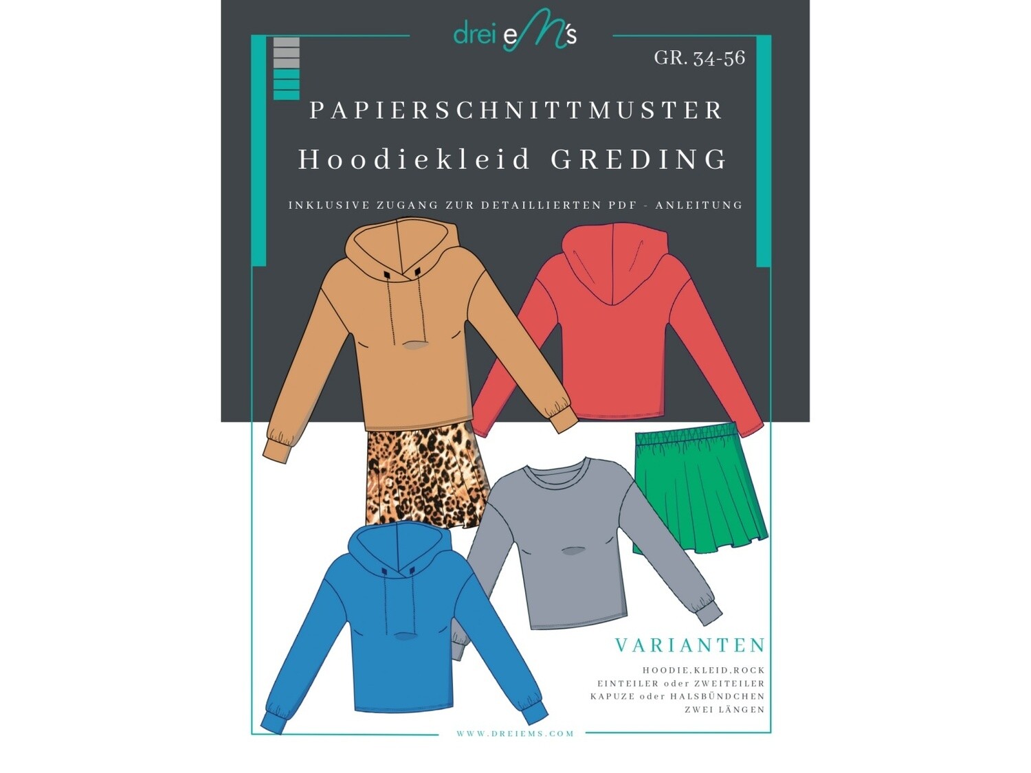 Papierschnittmuster Hoodie/Kleid/Rock GREDING Gr. 34-56 Papierschnittmuster Hoodie/Kleid/Rock GREDING Gr. 34-56
