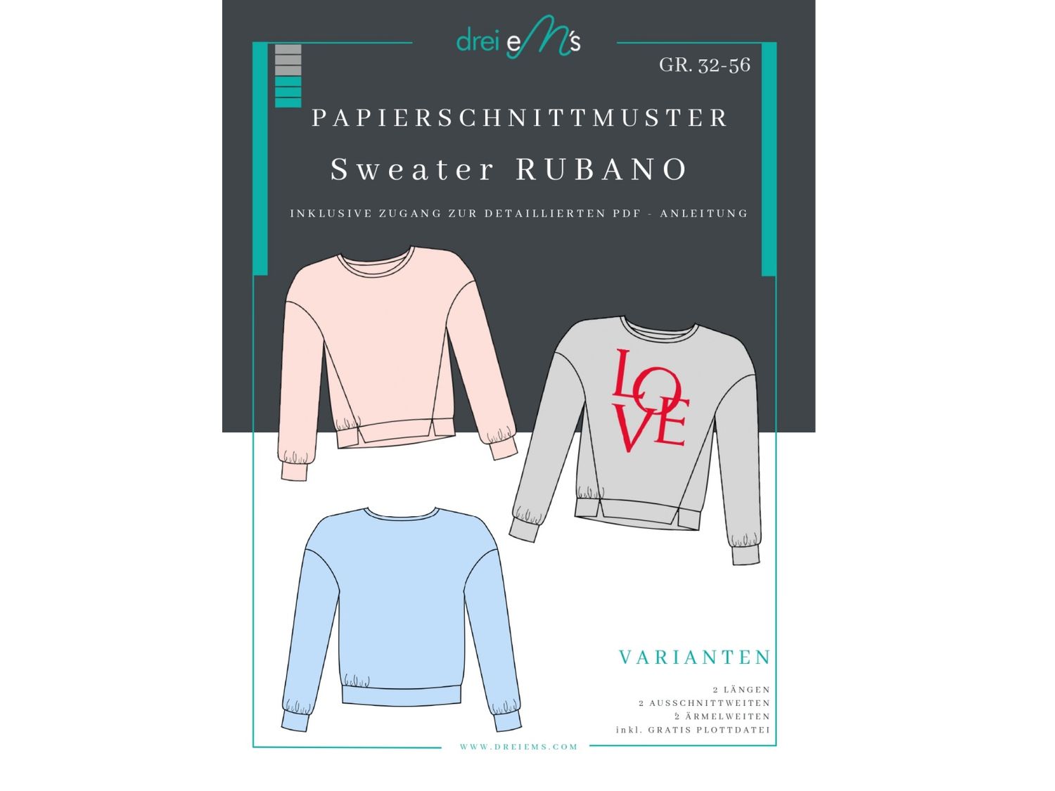 Papierschnittmuster Sweater RUBANO Gr. 32-56 + gratis Plottdatei Papierschnittmuster Sweater RUBANO Gr. 32-56 + gratis Plottdatei