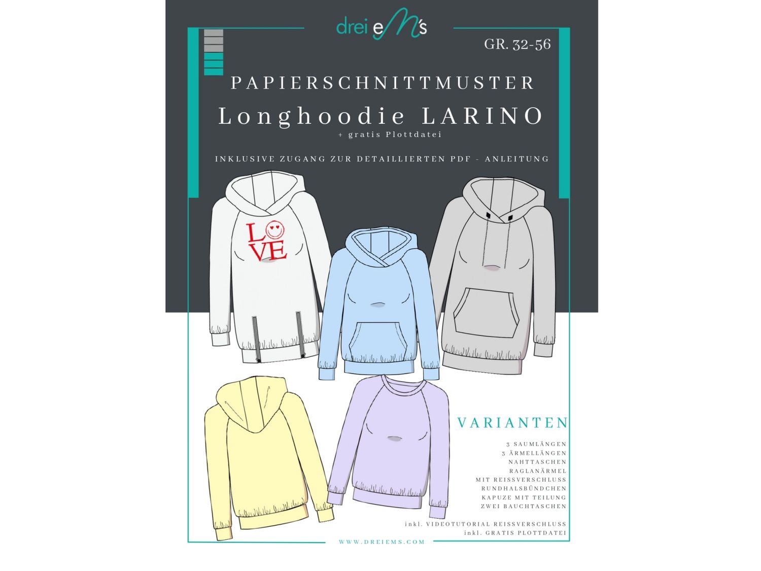 Papierschnittmuster Longhoodie LARINO Gr. 32-56 + gratis Plottdatei Papierschnittmuster Longhoodie LARINO Gr. 32-56 + gratis Plottdatei