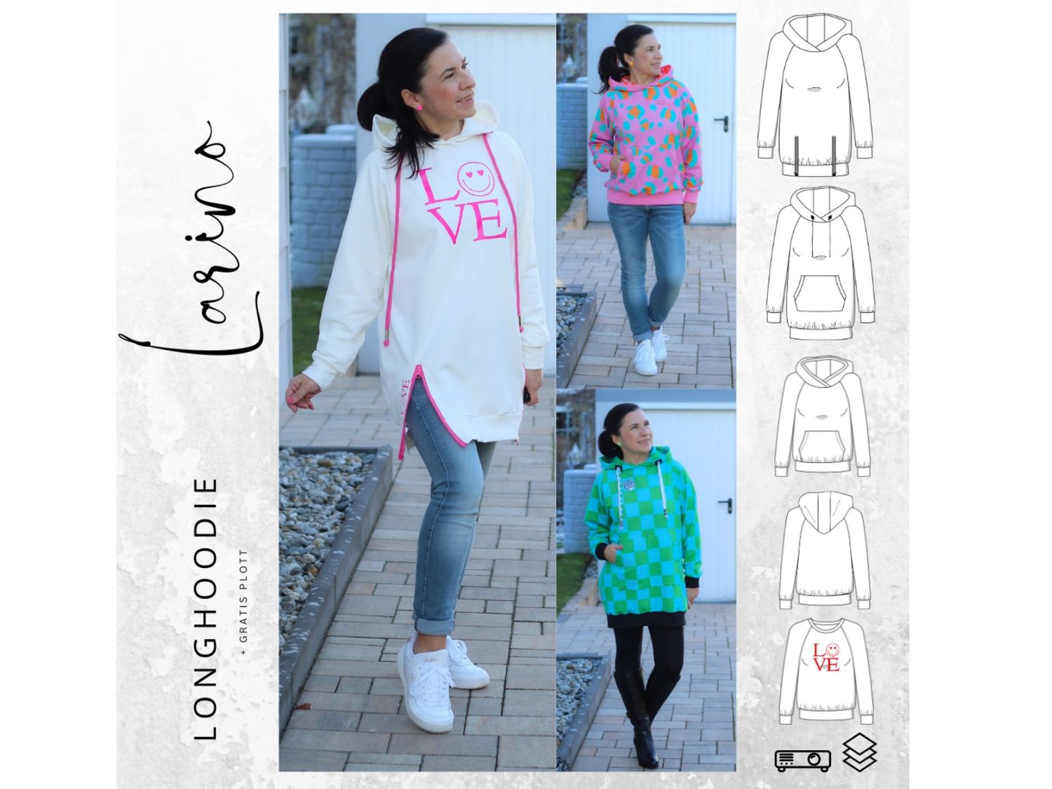 Schnittmuster Longhoodie LARINO Gr. 32-56 inkl. gratis Plottdatei