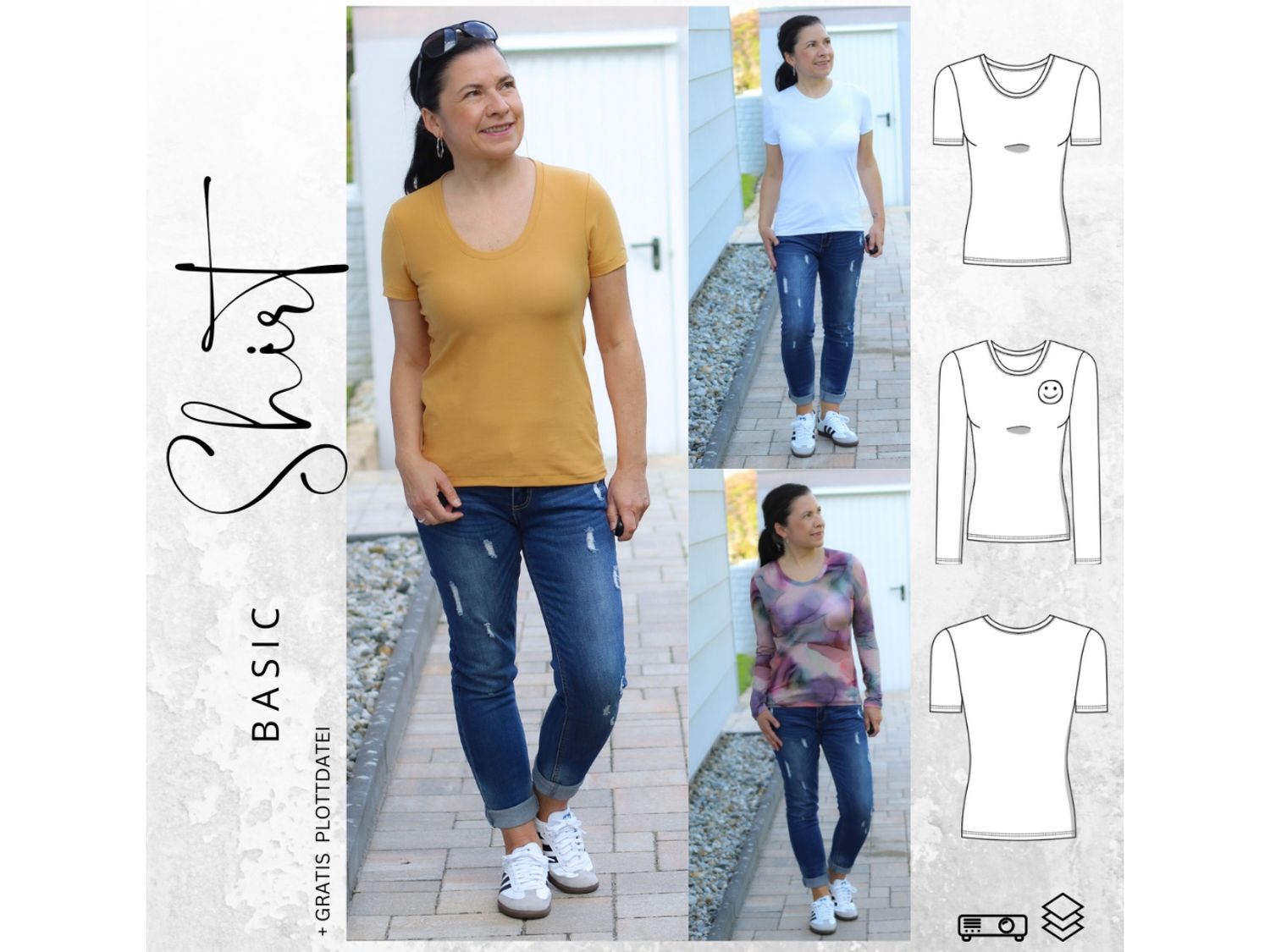 Schnittmuster BASIC Shirt Nr.1 Rundhals  Gr. 32-56 + gratis Plott