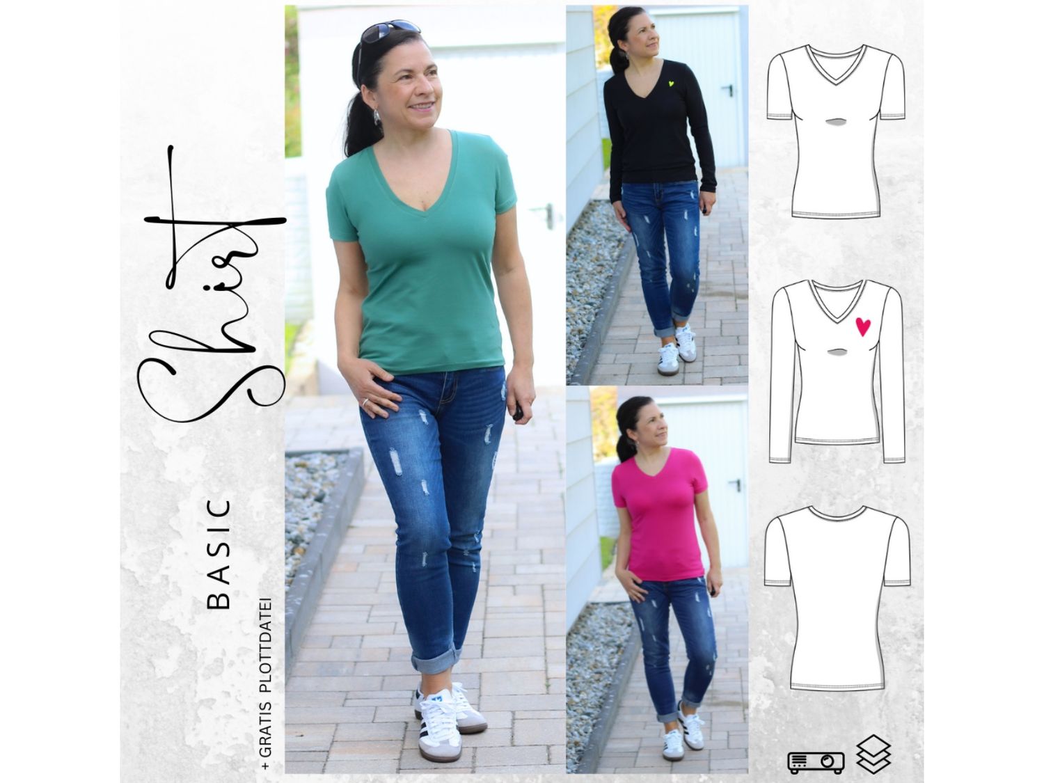 Schnittmuster BASIC Shirt Nr. 2 V-Ausschnitt  Gr. 32-56 + gratis Plott