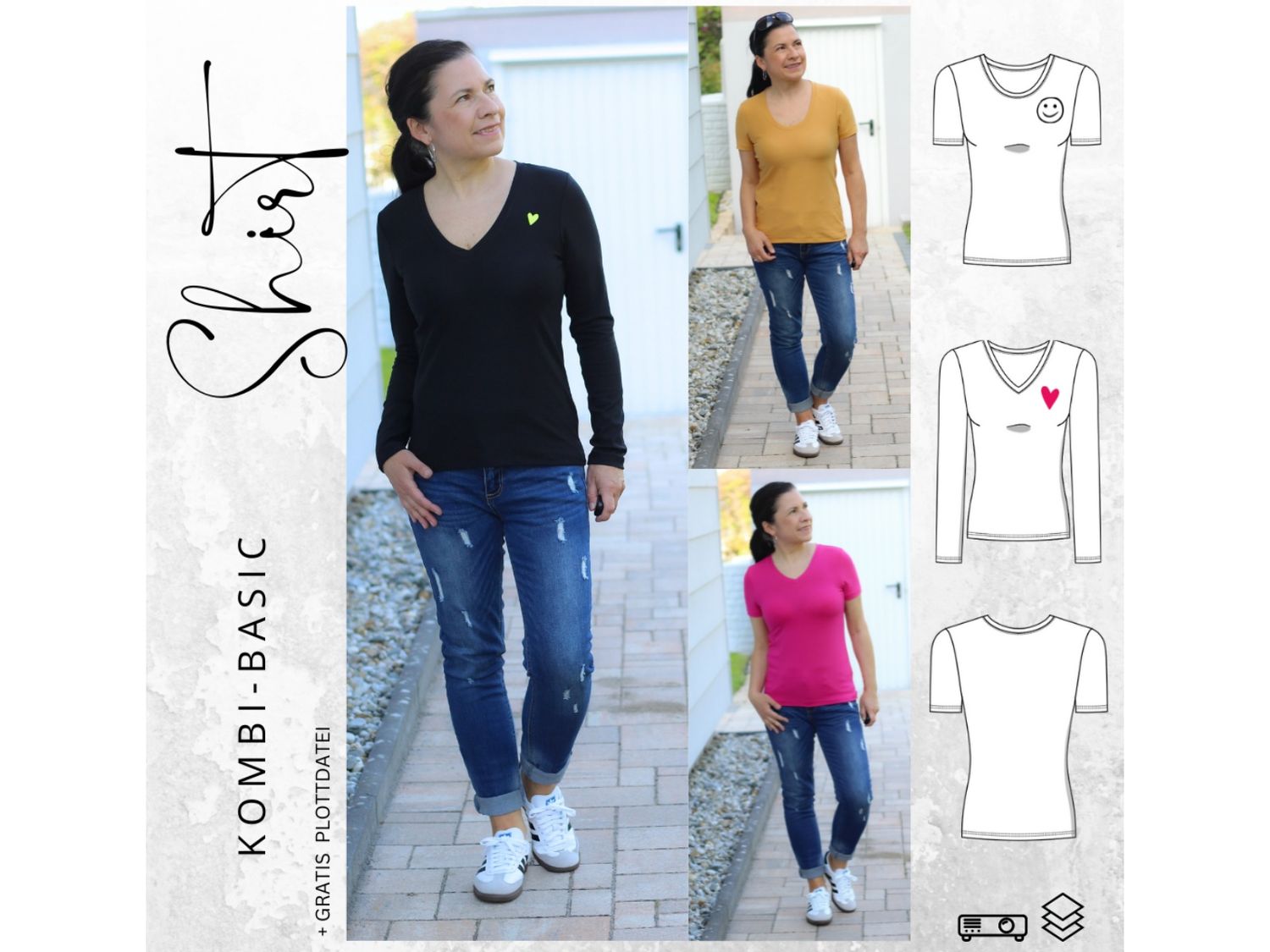 Kombi Schnittmuster  BASIC Shirt Nr.1+Nr.2  Gr. 32-56 + gratis Plott