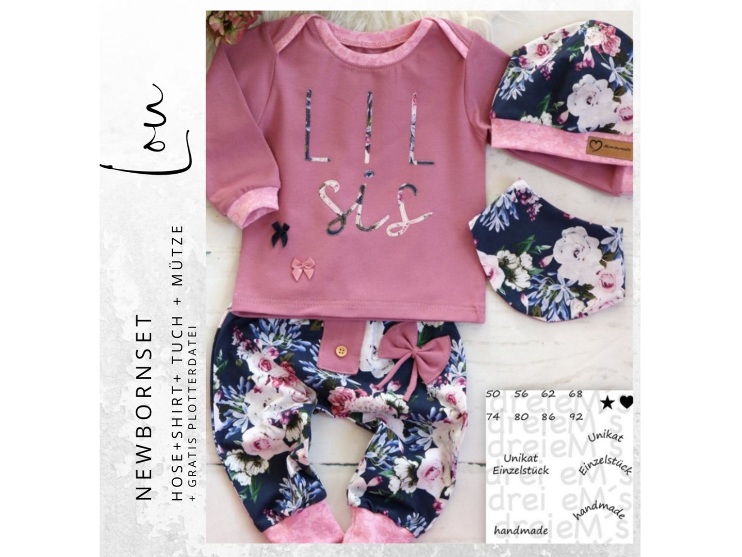 Newborn-Set LOU Hose&amp;Shirt&amp;Tuch&amp;Mütze Gr. 50-92 icl. gratis Plottdatei