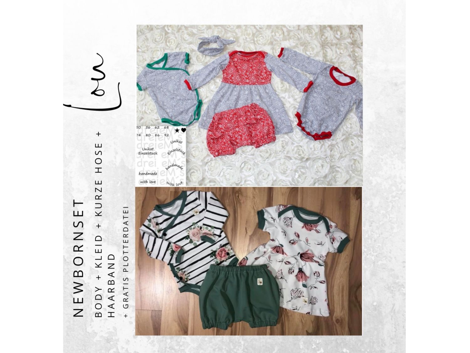 Newborn LOU SET Bodys,Kleid,kurze Hose, Haarband  Gr. 50-92 + gratis Plott-Datei