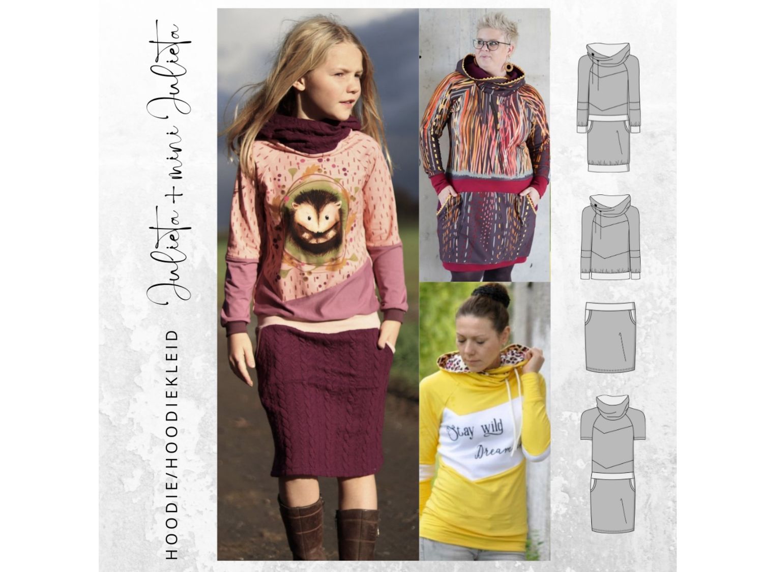 Kombi-Ebook Hoodie/Hoodiekleid JULIETA (inkl. Add on) 34-52 und mini JULIETA 86/92-158/164