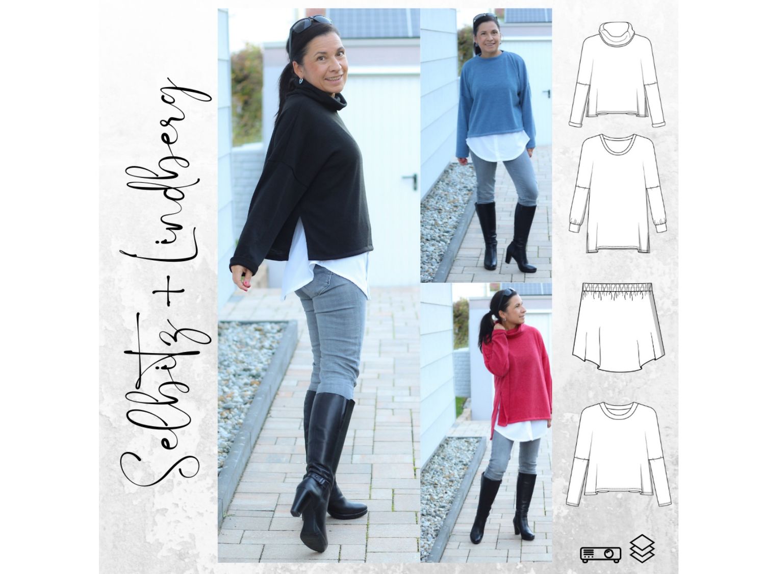 Kombi-Schnittmuster Pullover SELBITZ Gr. 34-56 + Blusenrock Lindberg Gr. 34-54 Kombi-Schnittmuster Pullover SELBITZ Gr. 34-56 + Blusenrock Lindberg Gr. 34-54