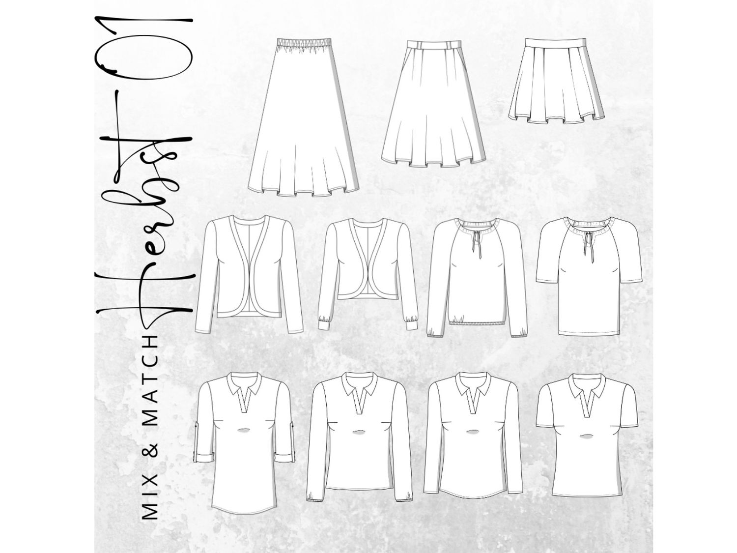 MIX &amp; MATCH  Schnittmuster PDF Ebook Rock MALLARE + Shirt SCAPOLI + Blusenshirt WEIDACH 1 + Cardigan AURACH