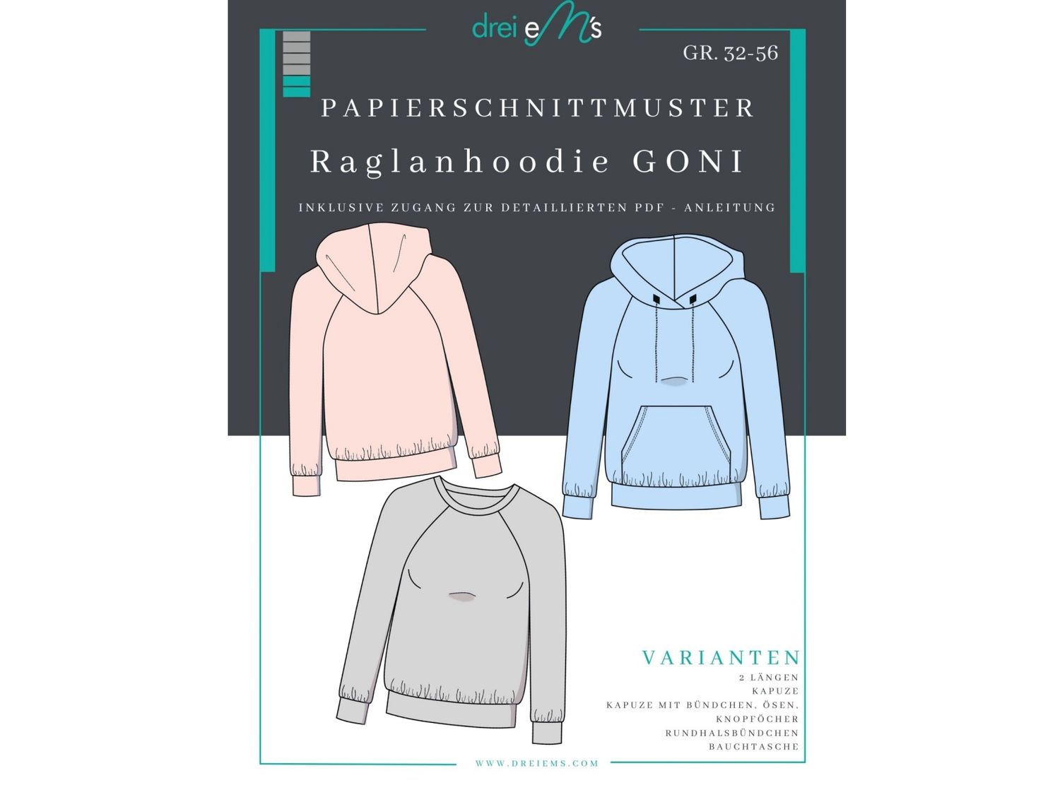 Papierschnittmuster Raglanhoodie GONI Gr. 32-56 Papierschnittmuster Raglanhoodie GONI Gr. 32-56