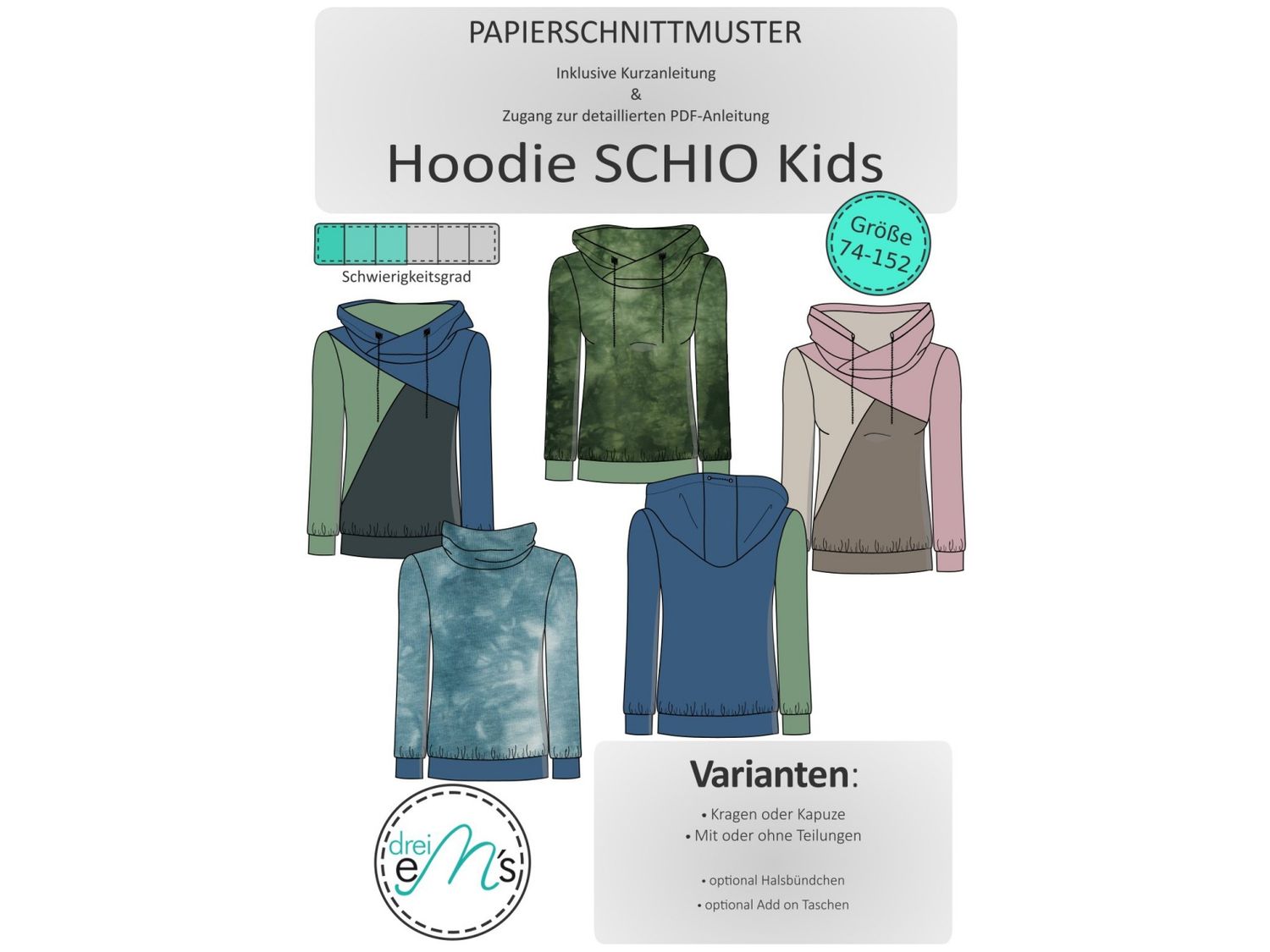 Papierschnittmuster Hoodie SCHIO KIDS Gr. 74/80 - 146/152